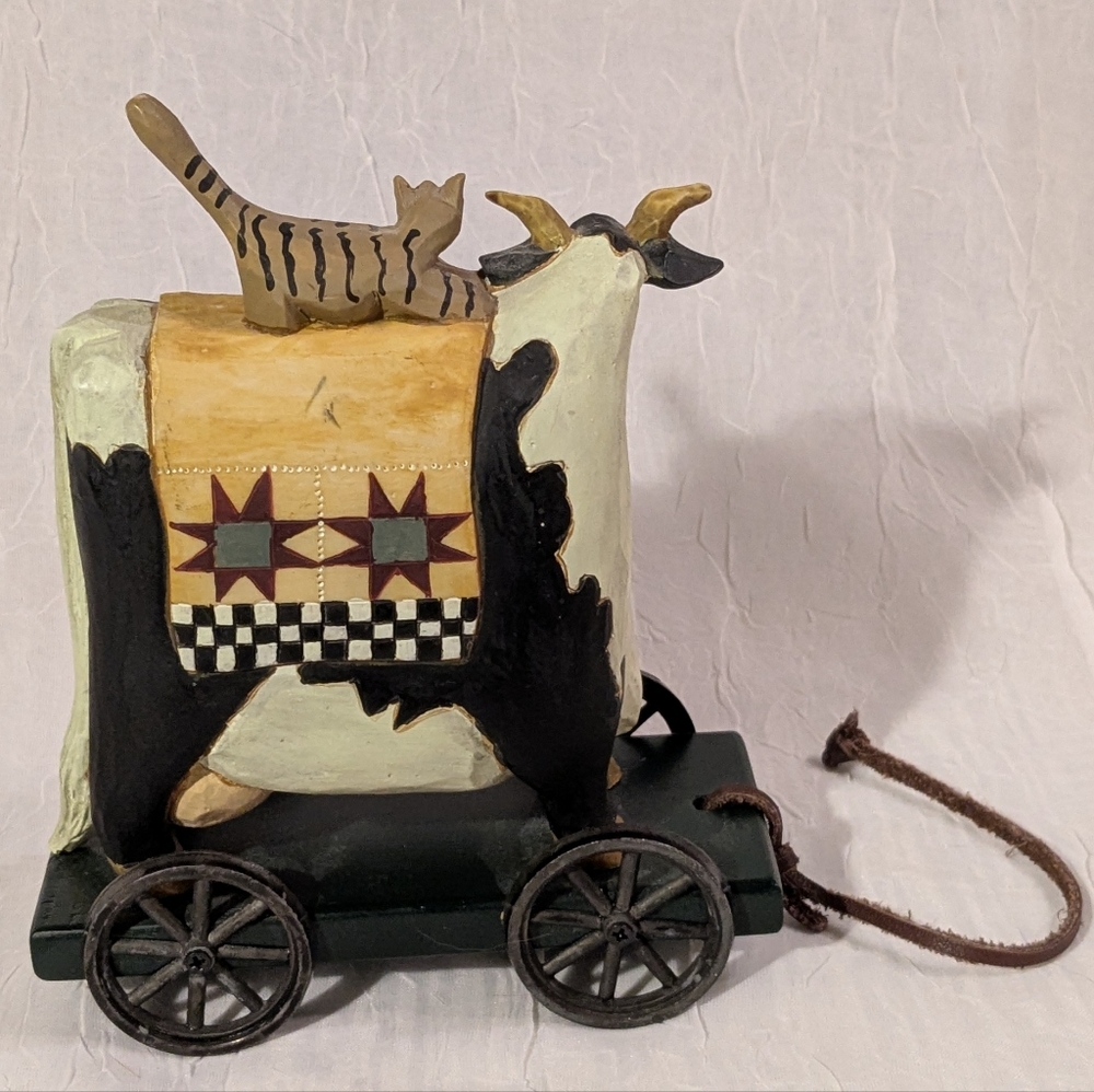 WilliRaye Studio Cow & Cat Figurine Wheels Pull Toy Rustic Farm Country Decor - Picture 3 of 13